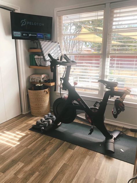 Exercise Bike At Home, Peloton In Office Ideas, Home Office And Gym Combo, Office And Workout Room Combo, Peloton Gym, Small Gym Room, Office/workout Room, Peloton Room Ideas, Workout Corner