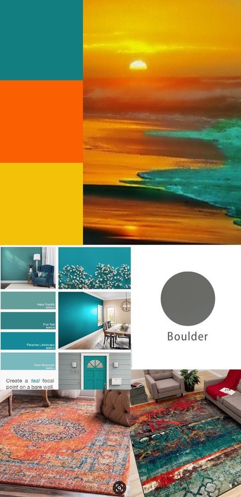 Orange And Turquoise Bedroom, Blue Orange Yellow Color Palette, Turquoise And Orange Living Room, Turquoise Color Combinations, Executive Dashboard, Turquoise Color Scheme, Style Tips And Tricks, Deco Orange, Turquoise Color Palette