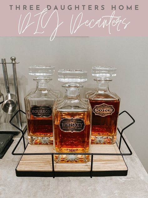 DIY home bar liquor decanters - picture links to blog post on how to make, with links. Diy Decanter Labels, Decanters Display Ideas, Liquor Decanter Display, Decanter Display Bar, Decanter Ideas, Decanter Display, Decanter Tags, Decanter Labels, Diy Home Bar