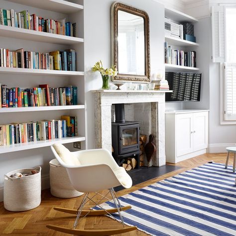 Modern living room with blue striped rug | Ideal Home Blue Striped Rug, Victorian Living Room, Living Modern, Living Room Shelves, Living Room Diy, Living Room Pictures, Striped Rug, New Living Room, A Living Room