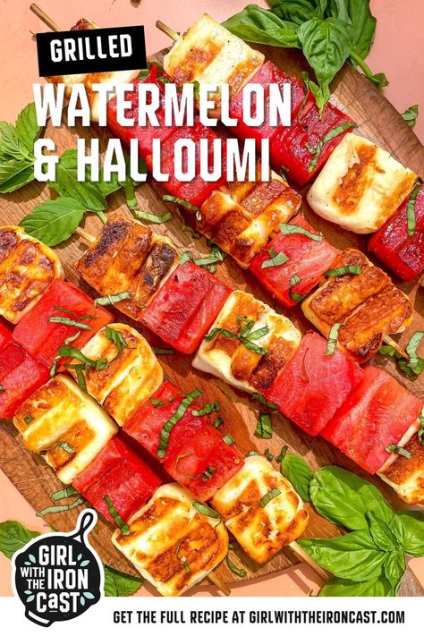 Watermelon Skewers, Crispy Halloumi, Halloumi Skewers, Grilled Skewers, Pineapple Skewer, Fit Family, Grilled Watermelon, Halloumi Cheese, Kabob Skewers