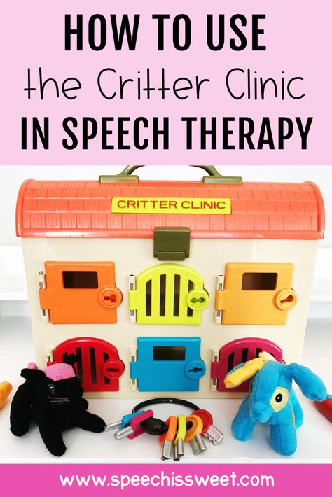 Using Critter Clinic toy in speech therapy - Critter Clinic makes the perfect tool for play-based speech and language therapy because it's designed to elicit so much language! In this blog post, I share the various speech and language skills you can target with this toy. Save this for reference later! | Speech is Sweet Ei Speech Therapy, Early Language Activities Speech Therapy, Pre K Speech Therapy Activities, Play Based Speech Therapy, Speech Therapy Clinic Design, Preschool Speech And Language Activities, Play Based Speech Therapy Activities, Critter Clinic Speech Therapy, Preschool Speech Therapy Activities