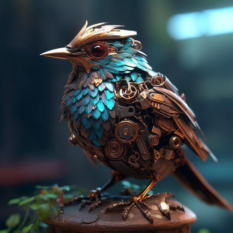 Mechanical Animals Art, Blue Steampunk Aesthetic, Bird Concept Art, Steampunk Robot Aesthetic, Steampunk Creatures, Steampunk Raven, Mechanical Bird, Robot Bird, Twitter Bird