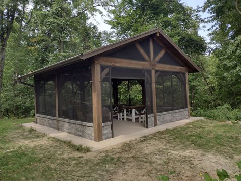 Screened Pavilion, Seasonal Campsite, Wood Pavilion, Backyard Plans, Gable Roof Design, Screened Gazebo, Home Structure, Backyard Plan, Patio Enclosures