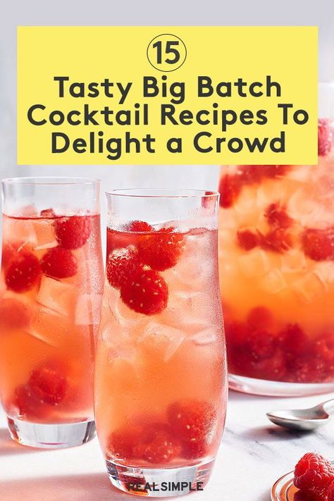 15 Big Batch Cocktails Guaranteed to Delight a Crowd | Whip up one of these large batch cocktails or punch recipes pre-party or event, and you'll be free to join the celebration. Classic tequila punch bowls to twists on classic cocktails like the Moscow Mule, these are some of the best tasting and easy-to-make batch cocktail recipes. #realsimple #drinkrecipes #drinkideas #cocktailrecipes #batchdrinks Large Batch Alcoholic Drinks Parties, Large Batch Punch With Alcohol, Easy Mixed Drinks For A Crowd, Party Punch Bowl Alcohol, Super Bowl Batch Cocktails, Easy Group Cocktails, Moscow Mule Large Batch Recipe, Cocktails For Large Groups, Batch Cocktail Recipes Vodka