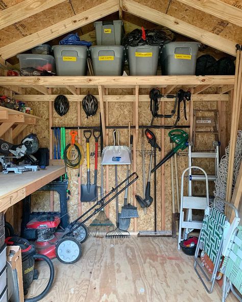 Shed Shelving, Garden Shed Interiors, Garage Storage Inspiration, Storage Shed Organization, Diy Storage Shed, Shed Interior, Shed Organization, Diy Garage Door, Garage Shed