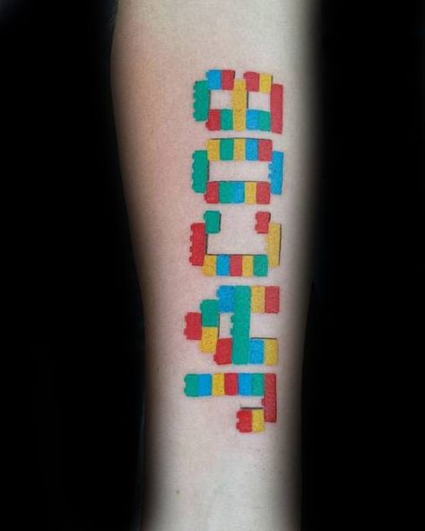 Lego Block Tattoo, Lego Tattoo Ideas, Brick Tattoo, Lego Tattoo, Lego Letters, Trash Polka Tattoo Designs, Polka Tattoo, Mickey Mouse Pins, Trash Polka Tattoo