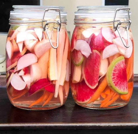 Pickled Crudité - California Grown Beet Hummus Recipe, Winter Entertaining, Crudite Platter, Winter Veggies, Watermelon Radish, Beet Hummus, Pickled Veggies, Hummus Recipe, A Glass Of Wine