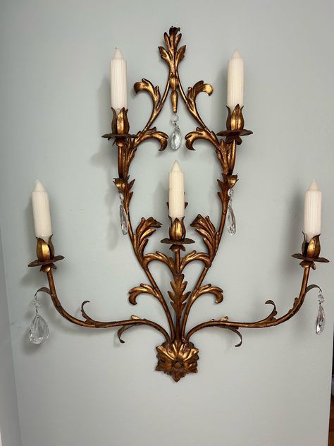 Mid-Century Italian tole candle sconce. 5-arm with 5 large glass crystals. Each tip has a tiny hole to add crystals if desired. The holes are invisible when not in use.  The sconce is an oversized statement piece. You only need one! Measures 30.5" h x 24" w. 7" d Candle Mantle, Vintage Candle, Vintage Shelf Decor, Modern Vintage Interior Design, Thrift Decor, Modern Vintage Home, Welcome To My House, Dark Home Decor, Dark Home