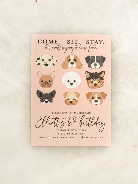 Puppy Adoption Birthday Party Invitation, Puppy Theme Birthday Party Invitation, Dog Themed First Birthday Party Ideas, 2nd Dog Birthday Party, Puppy Party Invite, Pink Dog Birthday Party, Puppy Tea Party, Dog First Birthday Theme, Dog Adoption Birthday Party