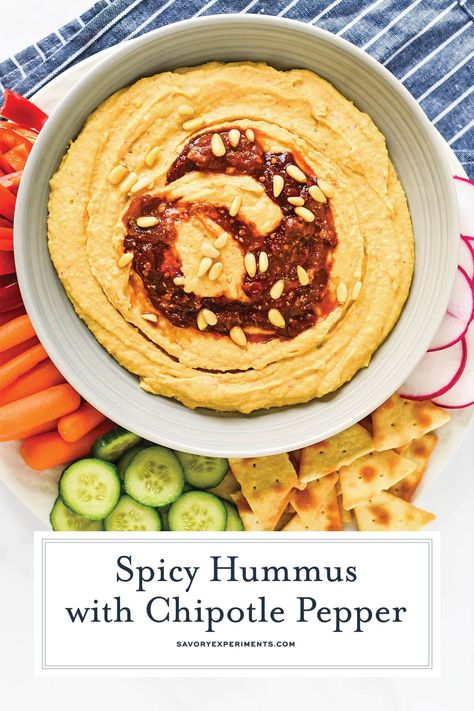 Spicy Hummus with Chipotle Peppers is a spicy homemade hummus recipe perfect as a dip, sandwich spread for wraps and even in soup! #besthummusrecipe #homemadehummus #howtomakehummus www.savoryexperiments.com Chipotle Hummus Recipe, Spicy Hummus Recipe, Chipotle Hummus, Easy Homemade Hummus, Homemade Hummus Recipe, Best Hummus Recipe, Spicy Hummus, Hummus Recipe Homemade, Chipotle Peppers