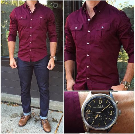 Burgundy Shirt Outfit, Chris Mehan, Shirt Outfit Men, Burgundy Shirt, Formal Men Outfit, Formal Mens Fashion, Boating Outfit, Perfect Denim, Clipuri Video