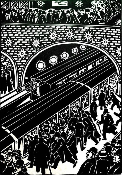 ... Frans Masereel's The City, a dramatic wordless novel in 100 woodcut images, published in 1925. Franz Masereel, Frans Masereel, Fireworks Images, Lino Cuts, Walter Gropius, Train Art, Woodcuts Prints, Relief Print, Wood Engraving