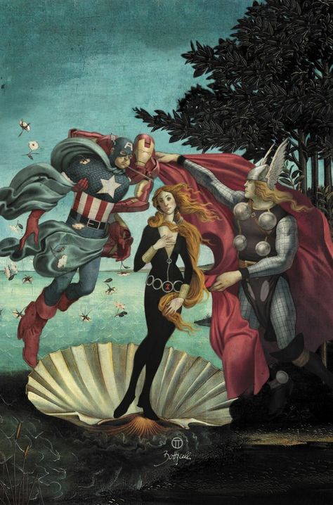 The Avengers as Botticelli’s The Birth of Venus Painting - Fantastic Four #17 Variant Cover by Julian Totino Tedesco Julian Totino Tedesco, Art Geek, Tableaux Vivants, Avengers Art, Birth Of Venus, Foto Portrait, Art Parody, Art Classique, Geek Art