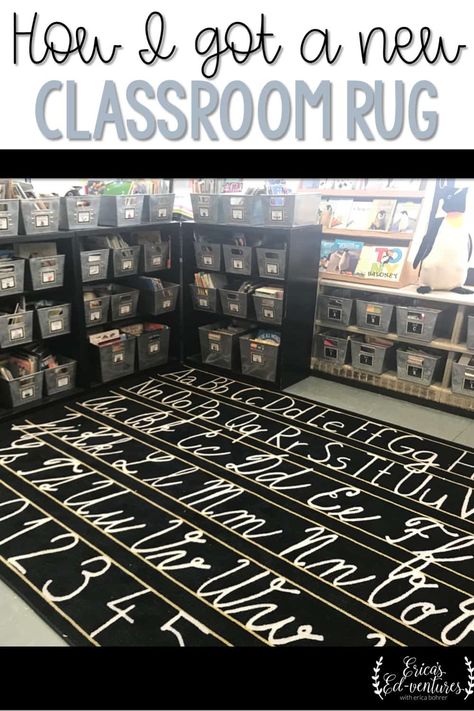 How I Got a New Classroom Rug, black and white classroom rug Teacher Rugs Classroom, Classroom Rug Alternatives, Black And White Classroom Theme Ideas, Black Classroom Theme, Classroom Rug Ideas, Classroom Decor Black And White, Black And White Classroom Theme, Black White Classroom, Black And White Classroom Decor