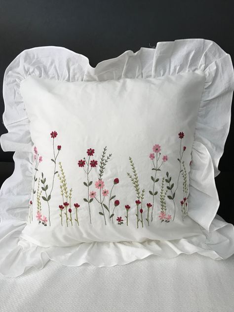 Embroidered cotton pillow cover White cushion pillowcase with red and pink flower; Wedding, birthday, easter, anniversary, housewarming gift by TheWellbyKosen on Etsy Pillow Case Covers, Embroidery On Pillow Cover, Herbs Embroidery, Embroidery On Pillow, Diy Embroidered Pillow, Pillow Case Embroidery, Embroidery Pillowcases, Embroidery Pillow Case, Pillows Embroidery