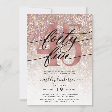 Modern Champagne Glitter 45th Birthday Invitation  Zazzle Trendy Invitations, 45th Wedding Anniversary, 49 Birthday, Invitation Examples, Birthday Ideas For Her, Bday Invitations, 45th Birthday, Wedding Anniversary Invitations, Elegant Birthday