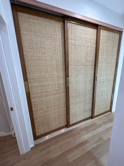 Wallpaper Door Ideas, Cane Closet Doors, Craftsman Cabinets, Cane Doors, Wood Closet Doors, Cane Door, Sliding Door Wardrobe Designs, Laundry Doors, Closet Door Makeover