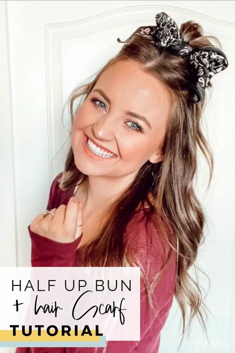 Half up half down hair scarf tutorial! How to do a half up messy bun with a hair scarf or scrunchie! Hair tutorial | easy half up half down | casual | bun | top knot | curled hair | quick | hairstyles | brunette | bronde | how to | #halfuphalfdown #hairtutorial  #hairstyle #cassiescroggins #video Hair Scarf Bun, Half Up Half Down Casual, Half Up Messy Bun, Hairstyles Scarf, Up Messy Bun, Scarf Bun, Hair Scarf Tutorial, Casual Bun, Bun Easy