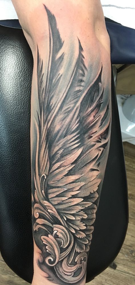 My new one Wing Cover Up Tattoos For Women, Japanese Wings Tattoo, Wing Leg Tattoo Men, Angel Wings Leg Tattoo, Angel Wing Leg Tattoo, Gothic Angel Wings Tattoo, Best Men Tattoos Ideas, 3d Wings Tattoo, Forearm Wing Tattoo Women