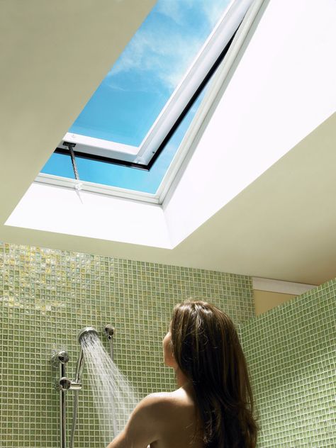 Skylight Bathroom, Window Remodel, Roof Skylight, Skylight Design, Velux Skylights, Bathroom Gallery, Roof Trusses, Roof Window, Bathroom Windows