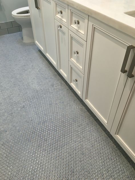 Navy Penny Tile Bathroom, Light Blue Penny Tile Bathroom, Blue Penny Tile Floor, Light Blue Penny Tile, Blue Penny Tile Shower Wall, Ann Sacks Bathroom, Penny Tile Bathroom Floor, Blue Penny Tile Tilebar, Blue Penny Tile