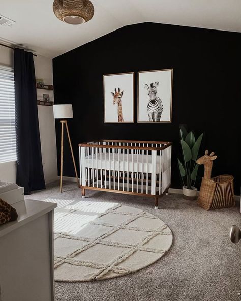 Moody Nursery, Black Crib, Nursery Accent Wall, Black Nursery, Black Accent Walls, Buy My House, Nursery Baby Room, Nursery Ideas, Black Accents