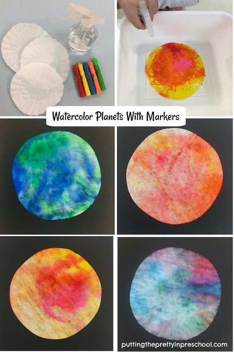 Watercolor Planets With Markers Planet Art Preschool, Planet Activities For Toddlers, Planets Projects For Kids, Planet Art For Kids, Space Provocations, Planet Activities For Kids, Planet Crafts For Kids, Planet Activities, Planets Preschool