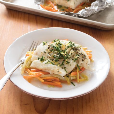 Unless you’re a whiz at origami, parchment-baked fish can be long on labor and short on flavor. Here’s how we foiled these problems. Cod Baked, Test Kitchen Recipes, American Test Kitchen, Fish Recipes Baked, America's Test Kitchen Recipes, Cod Recipes, Kitchen Recipe, Potato Cakes, Cooks Illustrated