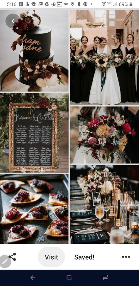 Black Gold And Burgundy Wedding Bouquets, Wedding Black And Burgundy, Black Wedding Dress With Bridesmaids, Wine And Black Wedding, Burgundy Black And Gold Wedding, Black Burgundy And Gold Wedding, Black Bridesmaid Dresses Fall, Burgundy Black Wedding, Wedding Black Bridesmaid Dresses