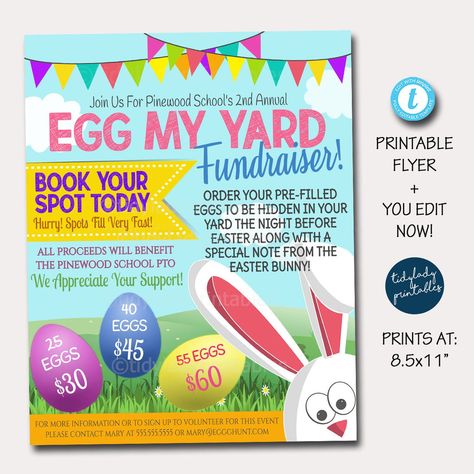 Purchase Easter Egg My Yard Fundraiser Flyer, Printable Invite Spring Egg Hunt, School pto pta Church Community Kids Easter Bunny, EDITABLE TEMPLATE Egg My Yard Fundraiser, Egg My Yard, Community Fundraiser, Church Community, School Pto, Fundraiser Flyer, Team Bonding, Fundraising Event, Spring Mood