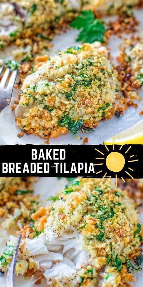 This Baked Breaded Tilapia recipe is a keeper! Succulent fish covered with garlicky breadcrumbs and baked to perfection. FOLLOW Cooktoria for more deliciousness! If you try my recipes - share photos with me, I ALWAYS check! Breaded Talapia Ideas, Breaded Tilapia Recipes Baked, Tilapia Loins Recipes, Talpia Fish Recipes, Breaded Tilapia Recipes, Baked Talipia Recipes Ovens, Swai Fillet Recipes Baked, Baked Tilapia Recipes Oven, Tilapia Recipes Baked