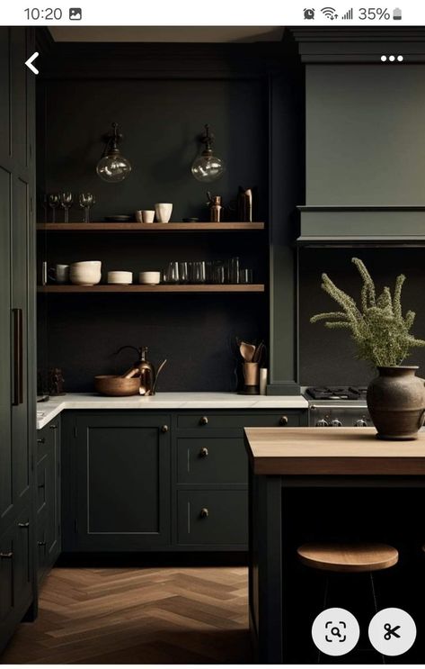 Dark Green Cabinets, Green Tile Backsplash, Green Kitchen Cabinet, Renovation Plan, Olive Green Kitchen, Green Kitchen Walls, Green Kitchen Island, Moody Kitchen, Dark Green Kitchen