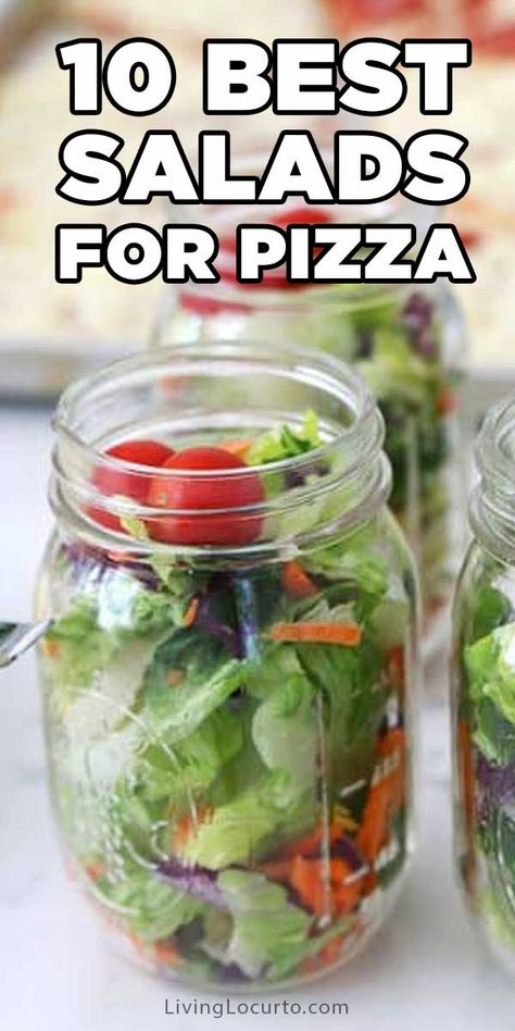 10 Best Salad Recipes to pair with pizza! Good ideas for dinner or a party. #pizza #saladrecipes #salad Salads For Pizza Party, Salad Pizza Recipes, Salad That Goes With Pizza, Best Salad To Serve With Pizza, Salad To Serve With Pizza, Salads With Pizza, Best Salad With Pizza, Salads That Go With Pizza, Pizza Salad Recipe