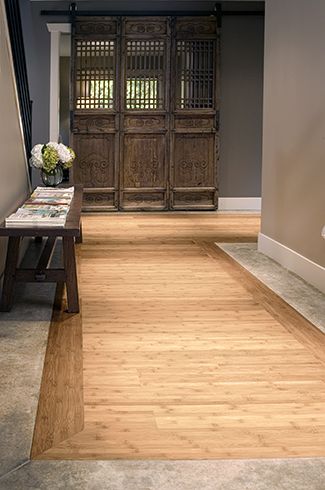 We can meet hardwood with tile to make a seamless transition. Bamboo Flooring Kitchen, Armstrong Vinyl Flooring, Accent Wall Entryway, Tile Border, Luxury Ceiling Design, Floor Pattern, Floor Renovation, Bar Ceilings, Beadboard Ceiling