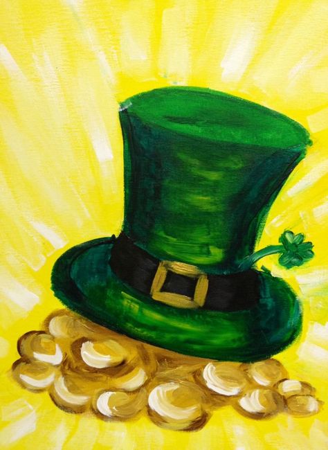 St Patrics Day Crafts, Sant Patrick, St Patricks Day Pictures, Wine And Painting Party, Saint Patricks Day Art, St Patricks Day Cards, Easter Paintings, Rainbow Canvas, Happy Go Lucky