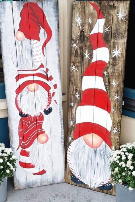 Christmas Decor Ideas Nomes, Scrap Wood Gnomes Diy, Christmas Nomes Decor Diy, Gnome Seasonal Sign, Painted Gnomes On Wood Diy, Christmas Gnome Porch Sign, Christmas Nomes Paintings, Nomes Christmas Decor, Diy Wood Gnomes