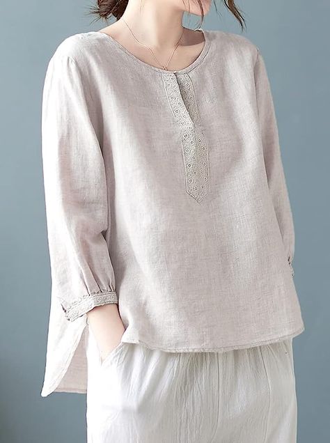 Amazon.com: Women 3/4 Sleeve Linen Tops Boho Embroidered Peasant Blouse Loose Casual Summer Shirt V-Neck Tunic Top Plus Size (Khaki, Medium) : Clothing, Shoes & Jewelry Linen Tops, Top Plus Size, Casual Summer Shirts, Linen Blouse, Loose Blouse, Peasant Blouse, Linen Top, Dream Garden, Casual Blouse