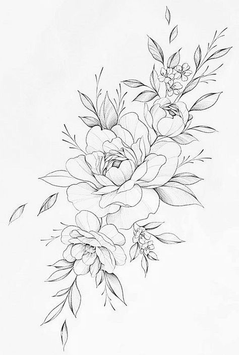 Line Work Flower Sleeve, Magnolia Rib Tattoo, Peonies Bouquet Drawing, Floral Shoulder Tattoo Design, Daliah Flower Tattoos, Tropical Floral Tattoo, Peony Tattoo Sketch, Tattoo Flowers Arm, Floral Tattoo Stencil