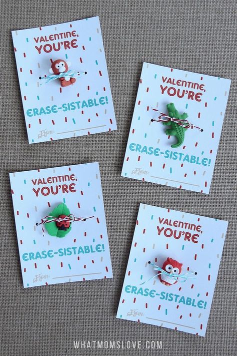 Free Printable Valentines For Kids. Such a fun idea for a non-candy Valentines card - perfect for your child's classroom Valentine's Day party! Free Printable Valentines For Kids, Eraser Valentine, Fccla Ideas, Printable Valentines For Kids, Kid Valentines, Candy Free Valentines, Feb 14th, Free Printable Valentines, Pinterest Valentines