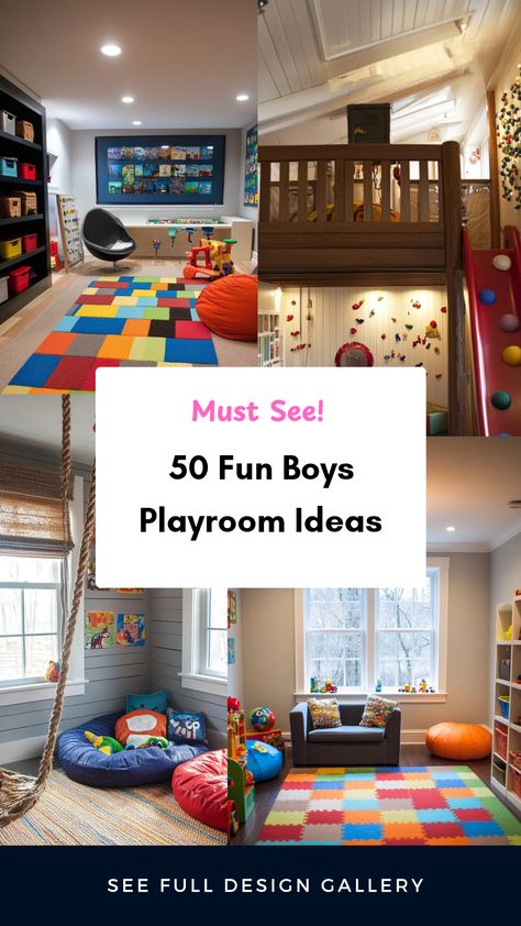 Transform your home with 50 creative boys playroom ideas that ignite imagination and foster fun. From adventurous themes to sports-inspired designs, every corner can be tailored to mirror your child's passions. Explore resourceful storage solutions and playful decor that promote essential learning while maximizing play. Design a vibrant swirl of creativity where kids can express themselves with colorful wall art, inspired layouts, and unique vinyl flooring options that last. Whether your style is modern minimal or playful chaos, these ideas will refresh any area in your house into an engaging play space! Playroom Mirror Wall, Square Playroom Layout, Playroom Over Garage, Split Playroom Ideas, Kids Play Corner Ideas, Playroom Loft Ideas, Basement Playroom Design, Playroom Design Layout, Boys Playroom Ideas Older