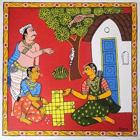 Cheriyal painting, Acrylics, 12" x 12" canvas board Telangana Culture Paintings, Chitrakathi Paintings, Cherial Paintings, Cheriyal Art, Cheriyal Paintings, Ethnic Aesthetic, Art Forms Of India, Drawing Pics, Phad Painting