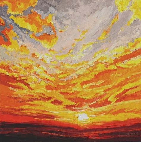 Warm Colour Painting, Yellow Sky Painting, Sun Oil Painting, Unity In Art, Sunny Painting, Yellow Paintings, Clouds Sunrise, Painting Sunrise, Painting Clouds