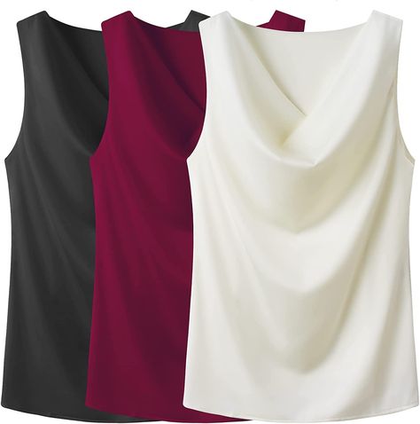 Wantschun Women's Cowl Neck Camisole Silk Satin Adjustable Spaghetti Strap Tank Top Cami Blouse S-3XL Silk Cami Tank Top With Built-in Bra, Modal Camisole With Built-in Bra And Spaghetti Straps, Silk V-neck Camisole With Adjustable Straps, Luxury Satin V-neck Camisole, Satin V-neck Sleep Camisole, Black Hoodie Women, Strap Tank Top, Womens Thermal, Draped Blouse