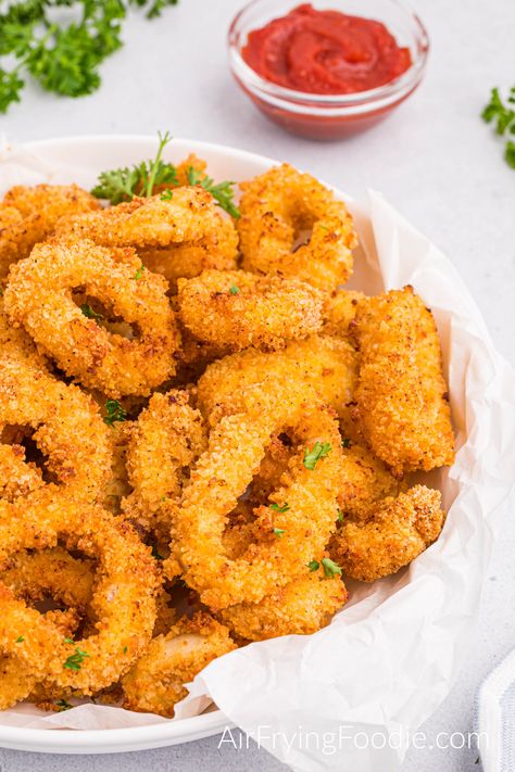 Airfry Calamari, Air Fried Calamari Recipes, Air Fried Calamari, Air Fryer Calamari Recipe, Calamari Air Fryer, Air Fryer Calamari, Fried Olives, Calamari Recipes, Creamy Potato Salad