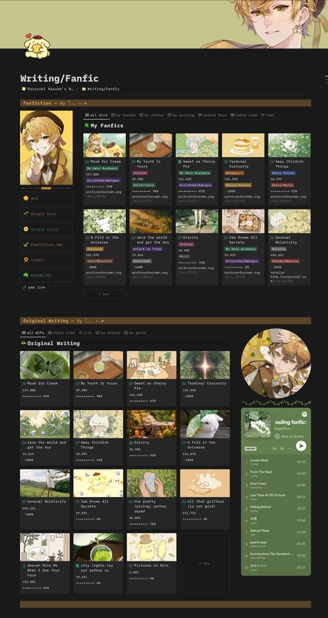 Writing/Fanfic Notion notionmealplanner © Cute Notion Template Ideas, Notion Writing Dashboard, Notion Aesthetic Dark Mode, Notion Writing Template, Dark Academia Study Tips, Notion Layout Ideas, Writing Notion, Notion Journal Template, Genshin Notion