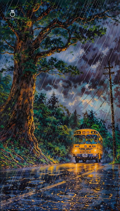 Day 64 . . . . . A school bus drives through a rainy forest road on a dark night, the only light coming from its headlights. The scene is serene and beautiful, with the raindrops glistening on the leaves and the headlights casting long shadows on the road. It's a reminder that even in the darkest of times, there is always hope and beauty to be found. . . . . . Follow @venom.creationedits iPhone Users Pinch To Zoom It In Full Size Image . . . . . #digitalart #art #artwork #illustration #fanta... Driving Illustration, School Bus Driving, Forest Road, Long Shadow, Cute Doodle Art, Dark Night, Day For Night, Colorful Wallpaper, Cute Doodles