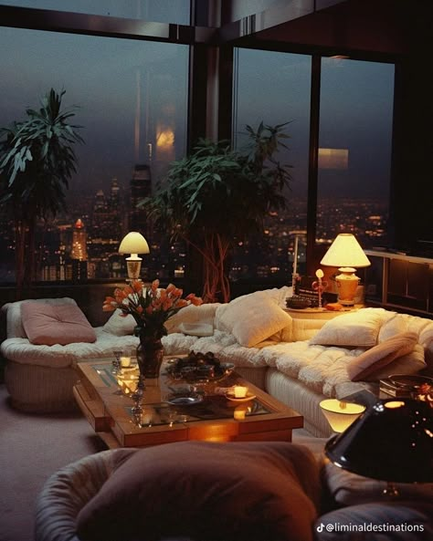 90s Aesthetic Interior Design, 80s Architecture Interiors, Dark Luxurious Living Room, 80’s Interior Design, Vintage Luxury Apartment, Night Time Living Room, 80s Condo, 90s Penthouse, 80s Style House