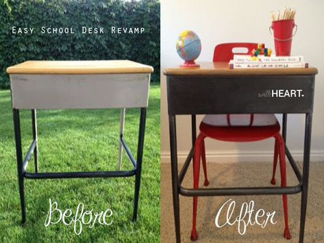 School Desk Redo, Desk Revamp, School Desk Makeover, Floor Lamp Makeover, Old School Desk, Desk Redo, Old School Desks, Desk Diy, Paint Metal