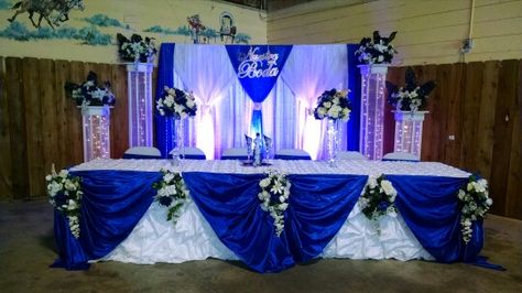 Wedding honor table Main Table Quinceanera, Wedding Curtains, Quinceanera Venue, Tablecloth Decorations, Quinceanera Blue, Baby Blue Quinceanera, Royal Blue Wedding Theme, Royal Blue Quince, Wedding Church Decor